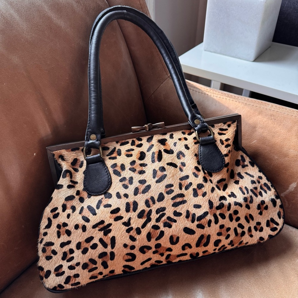 Vintage calf hair Leopard Print animal pony leather bag kisslock David Jeffery